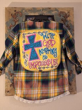 With GOD Nothing Is Impossible- Navy & Yellow Shacket. Size Small